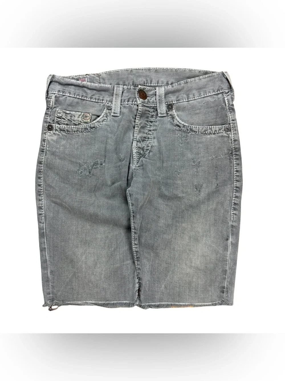 Mens Y2K True Religion Brand Faded Wash Grey Denim Jean Jort Shorts Size 31